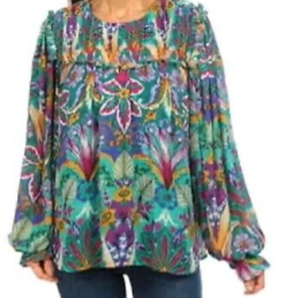 Nicole Miller Womens Multicolor Floral Chiffon Long Sleeve Top Blouse Boho XL